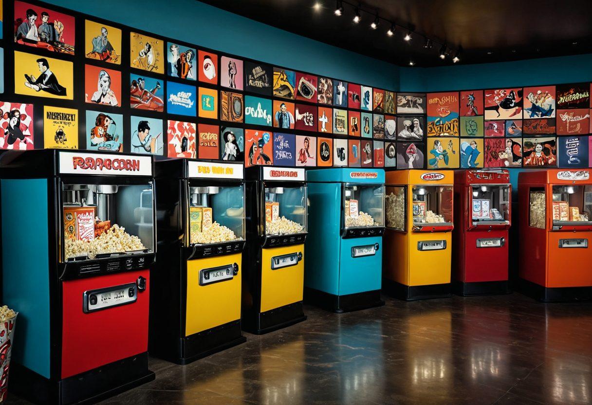 A split scene depicting the transition from traditional adult film settings with vintage popcorn machines on one side to a modern digital streaming interface showcasing diverse adult content on the other. Include elements like a retro cinema reel blending into a sleek touchscreen device with colorful streaming graphics. Emphasize the contrast between the old and new with warm and cool color palettes. pop art style. vibrant colors.