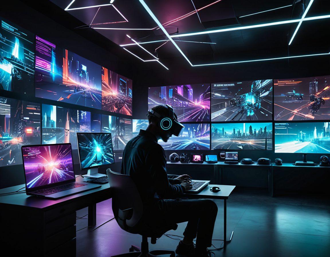 A futuristic digital landscape illustrating the evolution of adult media, showcasing diverse technological devices like VR headsets, smartphones, and laptops. In the foreground, a silhouette of an individual exploring engaging, abstract representations of adult content. Incorporate elements of connection, privacy, and innovative interfaces. The color palette should be bold with neon highlights, creating a dynamic and captivating atmosphere. cyberpunk. vibrant colors. 3D.